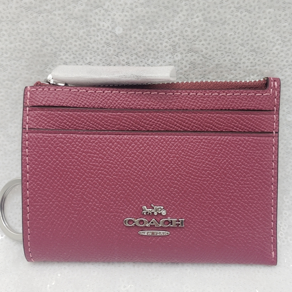 Coach Mini Skinny ID card case Leather Silvertone hardware Raspberry ID keyring